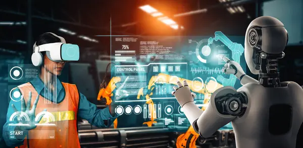 Xai Robô Indústria Mecanizada Trabalhador Humano Trabalhando Juntos Fábrica Futura — Fotografia de Stock