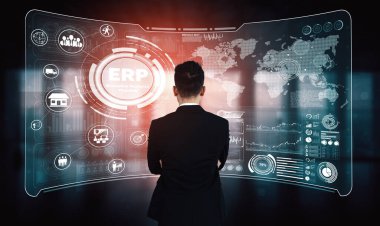 Ticari kaynaklar için Enterprise Resource Management ERP yazılım sistemi modern grafik arayüzünde sunulmuştur. Şirket kaynaklarını yönetmek için geleceğin teknolojisini göstermektedir. uds