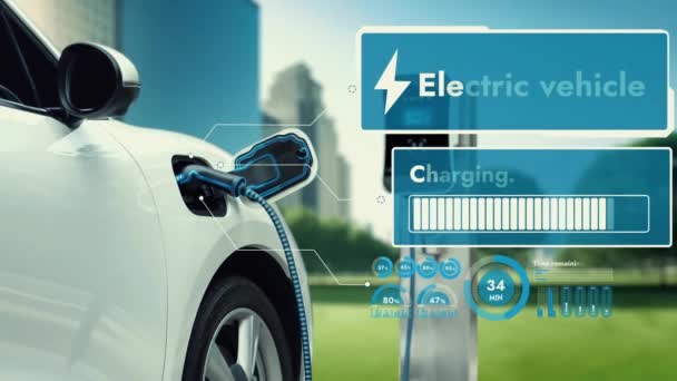 Автомобіль Підключений Зарядної Станції Заряджання Електроенергії Від Зарядного Пристрою Відображає — стокове відео