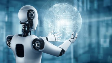 XAI 3d illüstrasyon yapay zeka kullanarak sanal ekran tutan yapay robot yapay zeka ile küresel iletişim ağı kavramını gösteriyor. 3B hazırlama bilgisayarı