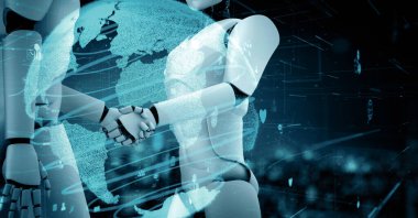 XAI 3d illüstrasyon internet bağlantısı yapay zeka robotu Huminoid tarafından kontrol ediliyor ve makine öğrenme süreci veri bağlantısını ve siber güvenliği analiz ediyor. 3B görüntüleme.