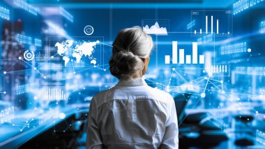 Finansal danışman veya tüccar BI ticari istihbarat veri tablosu ve grafik gösterge paneli ile çalışarak pazarlama stratejisi araştırması için karar veriyor..