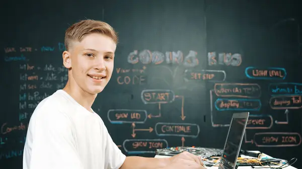 Caucasian Boy Coding Programing System While Looking Laptop Screen Camera — Stock Photo, Image
