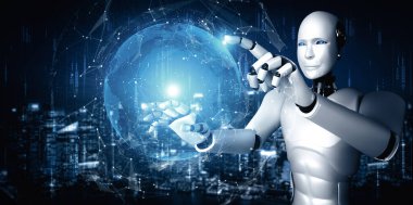 XAI 3d illüstrasyon yapay zeka yöntemini kullanarak sanal ekrana dokunan yapay robot yapay zeka ile küresel iletişim ağı kavramını gösteriyor. 3B illüstrasyon