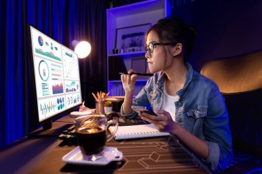 Sunucu kanalı Asyalı etkileyicisi, sosyal medyada kulaklık takarak iş grafikleri ekranında dinleyicileri selamlıyor ve Neon Modern Stüdyoları 'nda internet üzerinden koçluk yapıyor. Taktik.