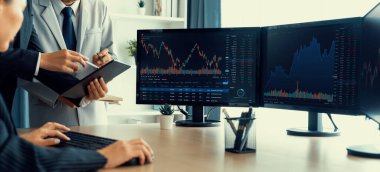 Profesyonel borsacı, finansal yatırım için yetenekli bir iş kadınına büyüme grafiği ile ilgili hisse senedi sundu. Hisse senedi. Hisse senedi. Borsa konsepti. Filizlenen..