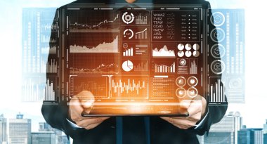 İş ve Finans Konsepti Veri Analizi. Dijital iş stratejisi için gelecekteki kar analitik bilgisayar teknolojisini, çevrimiçi pazarlama araştırma ve bilgi raporunu gösteren arayüz. uds