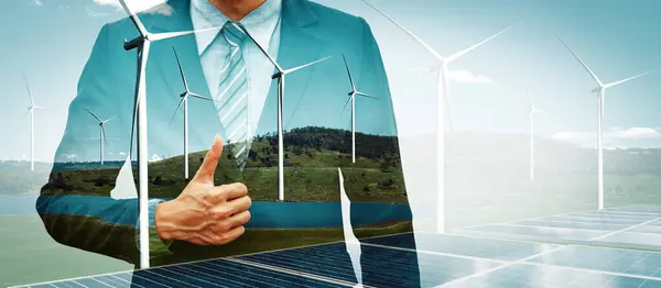 Double Exposure Graphic Business People Working Wind Turbine Farm Green — Stock Photo, Image