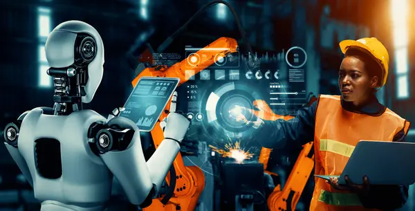 Xai机械化的工业机器人和人类工人在未来的工厂一起工作 工业革命和自动化制造过程中的人工智能概念 — 图库照片