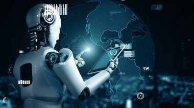 XAI 3D illüstrasyon Gelecek Finansal Teknoloji Kontrolü Yapay Robot Huminoid makine öğrenimi ve yapay zeka kullanarak iş verilerini analiz ediyor ve yatırım ve ticaret hakkında tavsiyelerde bulunuyor