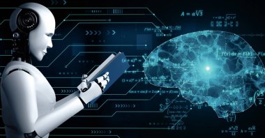 XAI 3 boyutlu robot hominoid okuma kitabı tasviri. Gelecekteki yapay zeka kavramı ve 4. endüstriyel devrim..