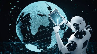 XAI 3d illüstrasyon Futuristik robot yapay zeka insansı yapay zeka veri analitik teknoloji gelişimi ve makine öğrenme kavramı. İnsanlığın geleceği için küresel robotik biyonik bilim araştırması