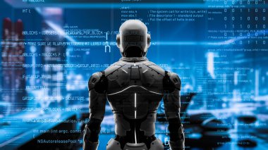 Yapay zeka mühendisliği iş başında. Yapay zeka algoritması pazarlama otomasyonu, teknik analiz, çözüm iletişimi ve hızlı yanıt için. LISP kodlu program ve 3d resimleme öğrenen makine