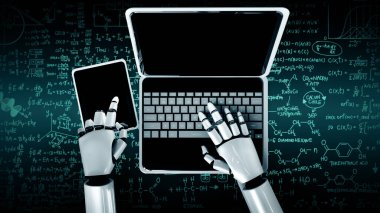 XAI 3D illüstrasyon robotu insansı dizüstü bilgisayar kullanın ve mühendislik bilimi için masaya oturun. 4. Endüstri için yapay zeka ve makine öğrenme sürecini kullanarak yapay zeka kullanın.