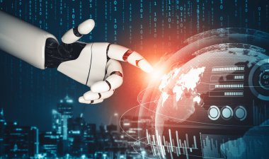 XAI 3D yorumlama fütürist robot teknolojisi geliştirme, yapay zeka yapay zekası ve makine öğrenme konsepti. İnsan hayatının geleceği için küresel robot biyonik bilim araştırması.