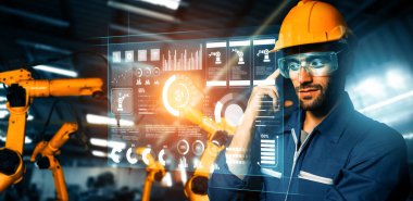 Dijital sanayi ve fabrika robotu teknolojisi için XAI Gelişmiş Robot Kol Sistemi. İnternet ağına bağlı IOT yazılımı kullanarak endüstri mühendisliği tarafından kontrol edilen otomasyon üretim robotu.