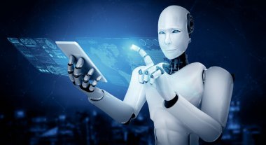 XAI 3D illüstrasyon Robot İnsansı Büyük Veri Analitiği için 4. Endüstriyel Endüstri için Yapay Zeka, yapay zeka ve makine öğrenme sürecini kullanarak cep telefonu veya tablet kullanın