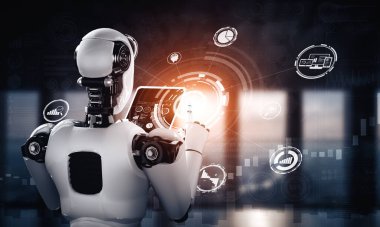 Sanayi devrimi için yapay zeka ve makine öğrenme yöntemlerini kullanarak küresel ağ bağlantısı için tablet bilgisayar kullanan XAI 3D illüstrasyon robotu. Üç Boyut