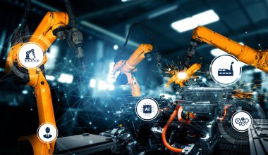 XAI Mekanize Endüstri Robot Kolu fabrika üretim hattına monte edilecek. Sanayi devrimi ve otomasyon üretim süreci için yapay zeka kavramı.