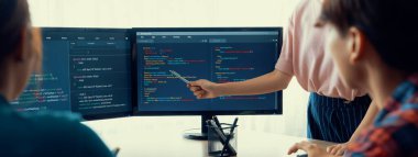 Modern ofis şirketinde yönetici dikkatle dinlerken yetenekli genç bayan programcı program kodlaması ve paylaşım fikri. Java betiği, web tasarım konsepti. Filizlenen.