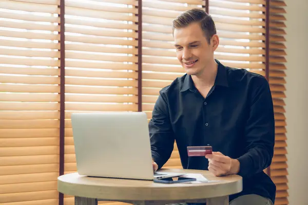 Young Man Using Laptop Credit Card Internet Banking Online Shopping — Stock Photo, Image