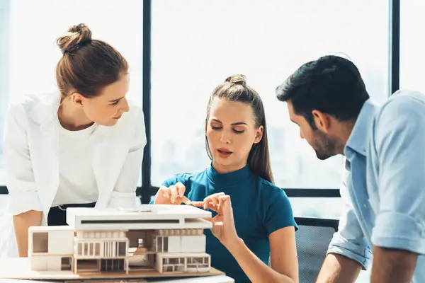 Professional Diverse Architect Engineer Team Working Together Design House Model — Stock Photo, Image