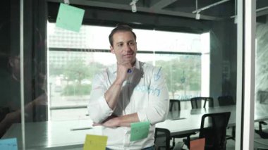 Akıllı iş adamı cam tahtanın önünde bir proje başlatmayı düşünüyor. Gülümseyen erkek proje yöneticisi yaratıcılık pazarlama stratejisini gösteren renkli yapışkan notlara bakıyor. Yönlendirici.