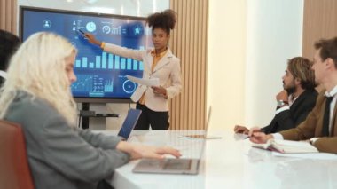 Ofisteki sunum ya da analist ekibiyle süs toplantı odasında mali verileri analiz etmek için BI Fintech 'i kullanın. İş adamları stratejik planlama için TV ekranında BI gösterge panelini analiz ediyor