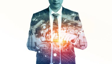 XAI Mekanize Endüstri Robot Kolu ve Fabrika İşçisi Çifte Maruziyet. Sanayi devrimi ve otomatikleştirilmiş üretim süreci için robot teknolojisi kavramı.