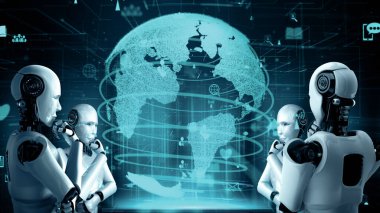 XAI 3d illüstrasyon internet bağlantısı yapay zeka robotu Huminoid tarafından kontrol ediliyor ve makine öğrenme süreci veri bağlantısını ve siber güvenliği analiz ediyor. 3B görüntüleme.