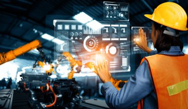 Dijital sanayi ve fabrika robotu teknolojisi için XAI Gelişmiş Robot Kol Sistemi. İnternet ağına bağlı IOT yazılımı kullanarak endüstri mühendisliği tarafından kontrol edilen otomasyon üretim robotu.