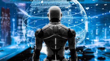 Yapay zeka mühendisliği iş başında. Yapay zeka algoritması pazarlama otomasyonu, teknik analiz, çözüm iletişimi ve hızlı yanıt için. LISP kodlu program ve 3d resimleme öğrenen makine