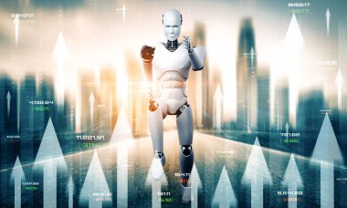 XAI 3D illüstrasyon İş Büyüme Konsepti, yapay zeka robotu ve makine öğrenme teknolojisini kullanarak verileri analiz ederek ve gelecekteki iş yatırımları planlaması hakkında tavsiyelerde bulunarak. 3B resimleme.