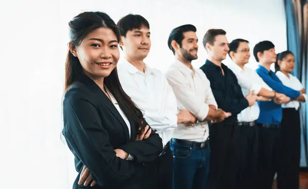 Business team standing, join and link hand together in panoramic banner symbolize successful business partnership and professional synergy with diverse culture group people cooperation. Prudent