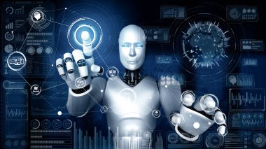 XAI 3d illüstrasyon yapay zeka kullanarak makine öğrenme sürecini kullanarak büyük veri analizi kavramını gösteren sanal sanal sanal ekrana dokunan yapay yapay yapay insansı robot. 3B illüstrasyon.