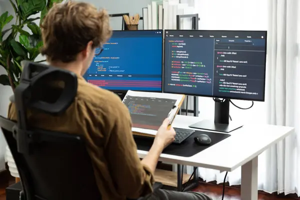 stock image Working IT developer reading coding on document paper software with screens pc at modern office on coding application screens, creating updated program firmware information version concept. Gusher.