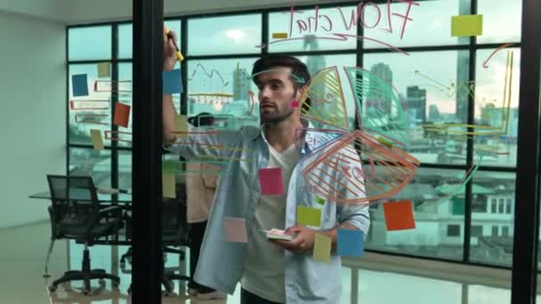 Professionelle Geschäftsleute Verwenden Klebrige Zettel Glaswänden Mit Grafiken Ideen Erörtern — Stockvideo