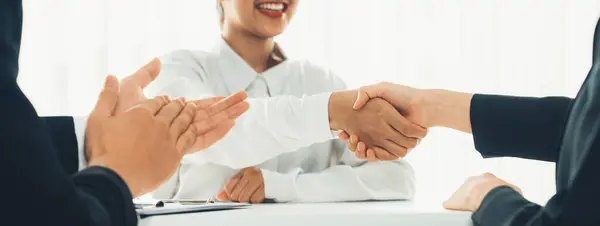 Two Business Executive Shake Hand Boardroom Sealing Agreement Merging Two — Stock Photo, Image