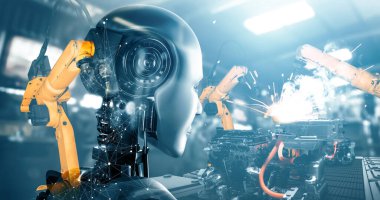 XAI Mekanize Endüstri Robotu ve robotik kollar çift pozlama görüntüsü. Gelecekteki fabrikada endüstriyel devrim ve otomasyon üretim süreci için yapay zeka kavramı.