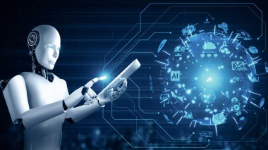 XAI 3D illüstrasyon robot hominoidi küresel ağ bağlantısı için tablet bilgisayar kullanarak yapay zeka, yapay zeka ve 4. endüstriyel devrim için makine öğrenme sürecini kullanıyor. Üç Boyut