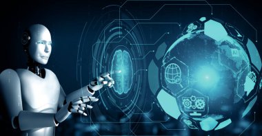 XAI 3d illüstrasyon yapay zeka kullanarak makine öğrenme sürecini kullanarak büyük veri analitiği kavramını gösteren sanal sanal ekrana dokunan yapay yapay robot yapay zeka. 3B görüntüleme.