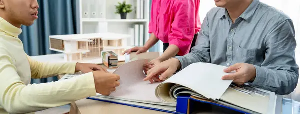Skilled Interior Design Team Carefully Selecting Curtain Materials While Coworker — Stock Photo, Image
