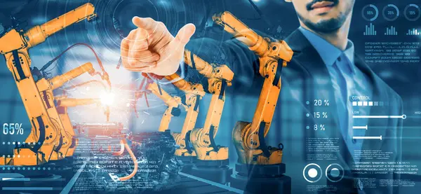 Xai Mechanized Industry Robot Arm Factory Worker Double Exposure Concept — Stock Photo, Image