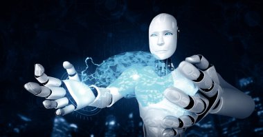 XAI 3d illüstrasyon yapay zeka ve yapay zeka kavramını gösteren sanal hologram ekran tutan yapay yapay yapay robot yapay zeka. 3B illüstrasyon.