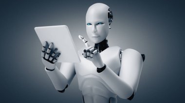 XAI 3D illüstrasyon robot robotu geleceğin ofisinde tablet bilgisayar kullanarak yapay zeka, yapay zeka ve makine öğrenme sürecini kullanarak. 4. Sanayi Devrimi 3 boyutlu