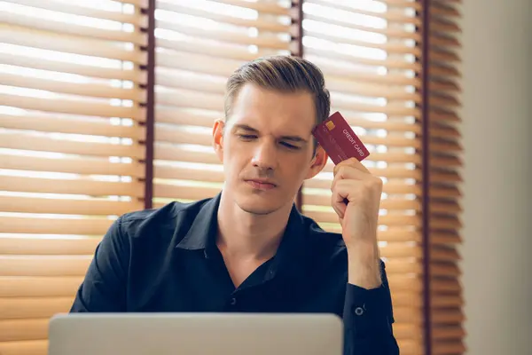 Stress Young Man Sit Table Pay Bills Online Credit Card — Stock Photo, Image