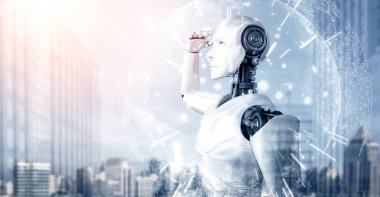 XAI 3D illüstrasyon 3D insansı robot şehir manzarası siluetine karşı sabırsızlıkla bekliyor. Yapay zekanın gelecekteki gelişimi için liderlik, fikir ve vizyon kavramı.