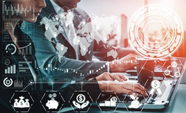 Finans ve Para İşlem Teknolojisi Konsepti. Modern bilgisayar uygulamasında fintech ticaret alışverişini, kar istatistik analizini ve piyasa analisti hizmetini gösteren simgesel grafik arayüzü. uds
