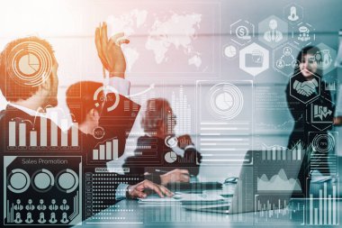 İş Mali Analitik Konsepti için Büyük Veri Teknolojisi. Modern arayüz ekranda iş satış raporları, kâr tablosu ve borsa eğilimleri analizleri hakkında muazzam bilgiler gösteriyor. uds