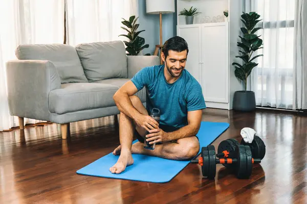 Athletic Sporty Man Sitting Resting Fitness Mat Finishing Home Body — Stock Photo, Image